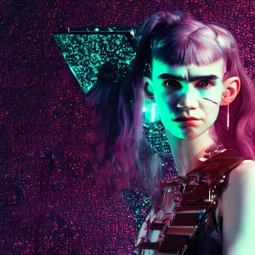 Prompt: a detailed cinematic symmetric wide shot render of Grimes as a cyborg covered with glitter in hell
