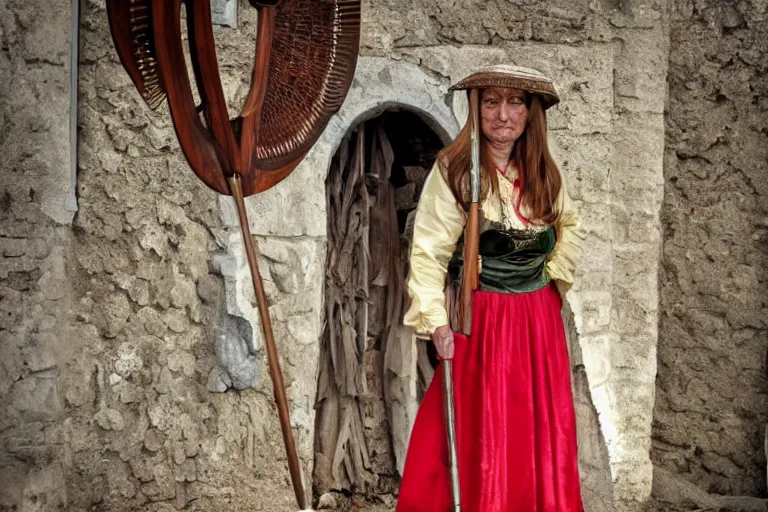 Image similar to romanian woman with scythe, drmatic ligthing, traditional romanian clothes