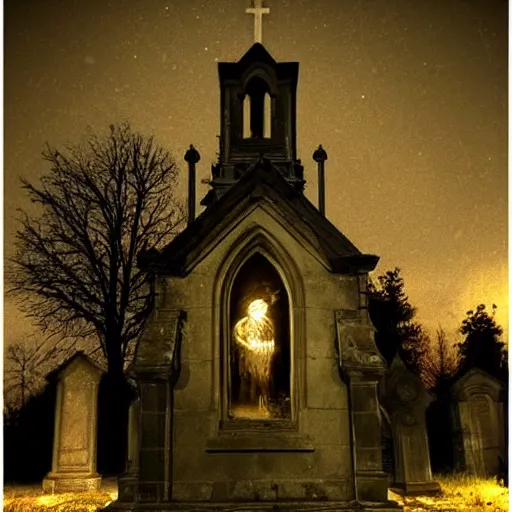 Image similar to ghosts in an old church yard cemetery, night time low light, spooky and scary atmosphere, artstation flames from church windows,