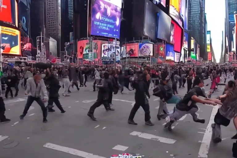 Prompt: android cannibals attacking people in times square security camera footage