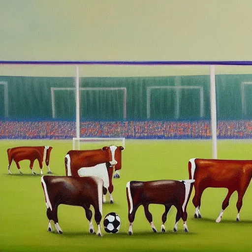 Image similar to painting of soccer game played by cows