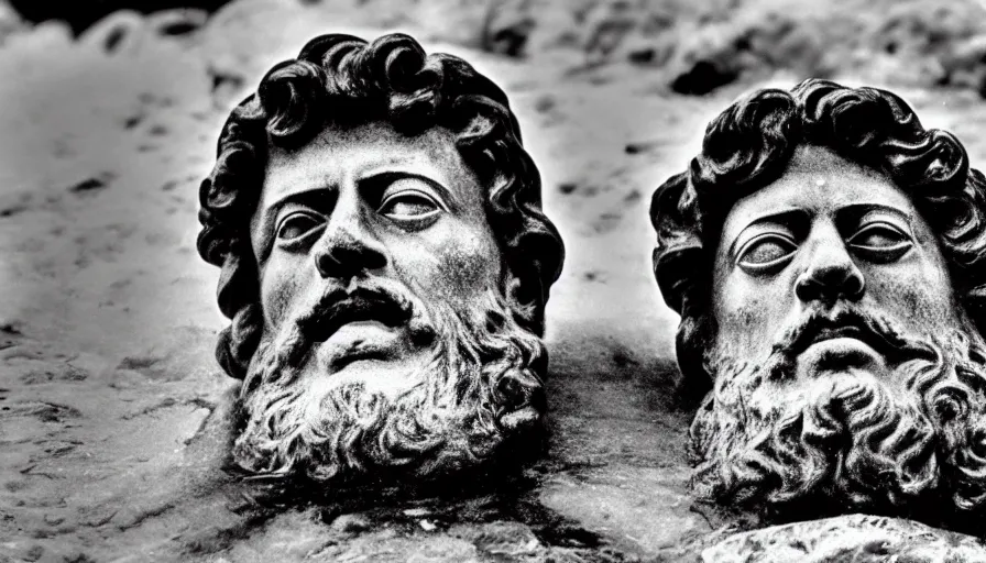 Image similar to 1 9 6 0 s movie still close up of marcus aurelius with wide open mouth frozen to death on a river shore with gravel, pine forests, cinestill 8 0 0 t 3 5 mm b & w, high quality, heavy grain, high detail, texture, dramatic light, anamorphic, hyperrealistic, detailed hair foggy