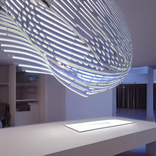 Image similar to a led - strip lamp hanging from the sealing, modern aesthetic, sci - fi look, by frank gehry, concept art