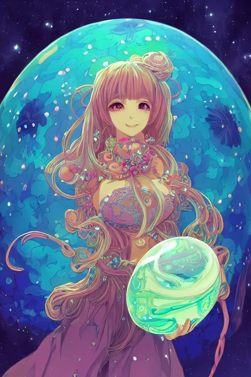 Prompt: psychedelic, intricate, highly detailed, anime, 4k, beautiful seductive slime monstergirl holding a huge orb containing the universe, with professional makeup, long trippy hair, surrounded by gems, underneath the stars, trending on patreon, deviantart, twitter, artstation, volumetric lighting, heavy contrast, by artgerm and Ilya Kuvshinov and alphonse mucha, interstellar galaxy