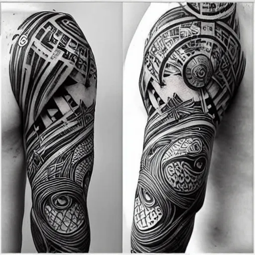 Image similar to Modern sleeve tattoo of norse mythology, surrealism, line art, black and white, intricate patterns,