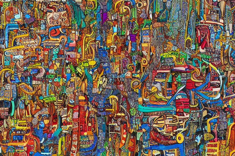 Image similar to an elaborate penned illustration of a colorful intricate connected city of tubes and pipes, by jan van haasteren