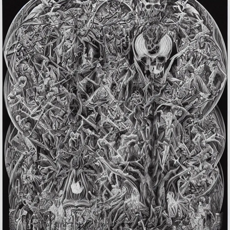 Image similar to meaning of death by Alex Grey and M. C. Escher collaboration