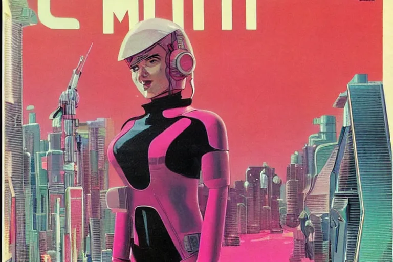 Prompt: 1979 OMNI Magazine Cover of woman with shiny Chrome face with Pink hair. neo-Tokyo streets behind her. in cyberpunk style by Vincent Di Fate