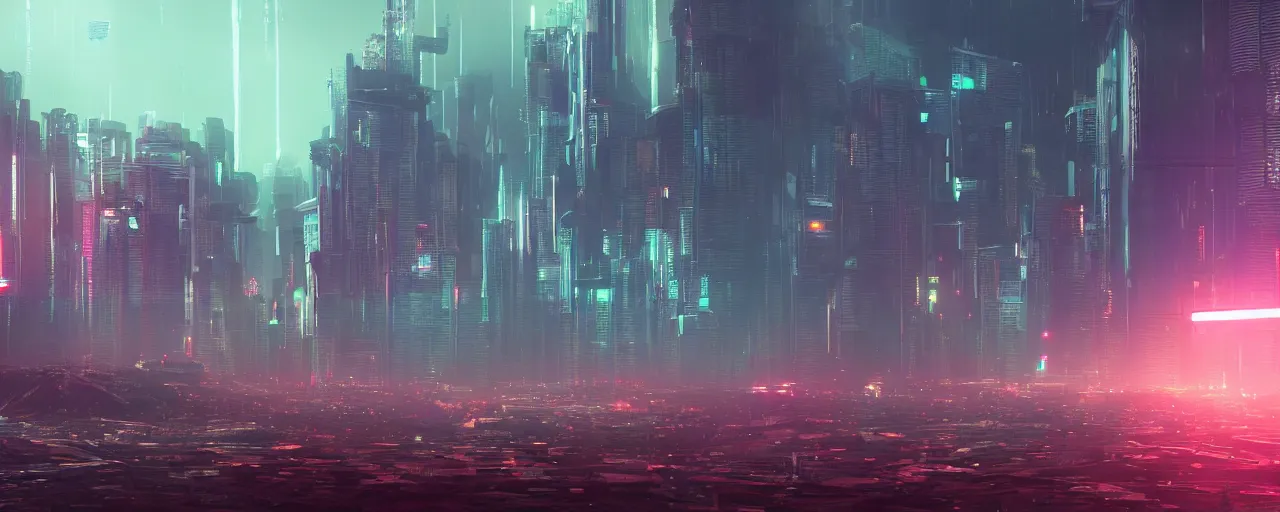 Image similar to Cyberpunk landscape, synth style, realistic, volumetric