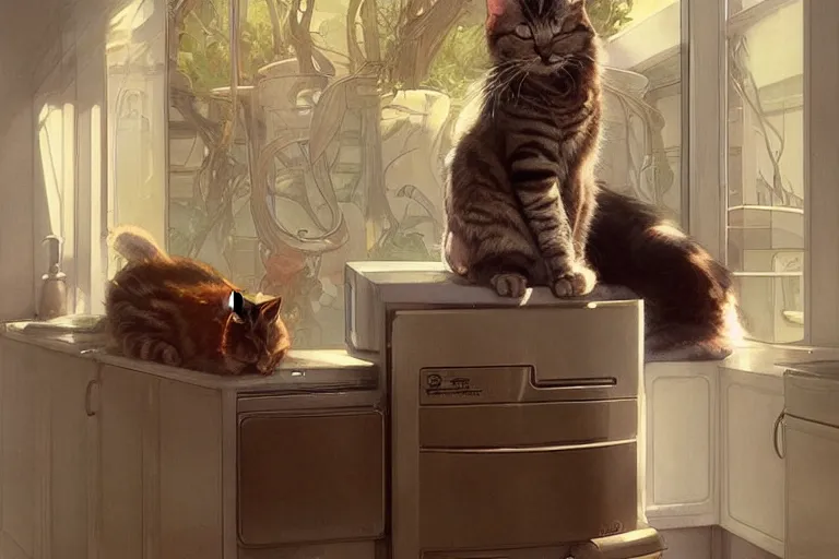 Prompt: cat sitting by fridge in modern kitchen waiting to be fed, intricate, elegant, highly detailed, digital painting, artstation, concept art, matte, sharp focus, illustration, art by Artgerm and Greg Rutkowski and Alphonse Mucha