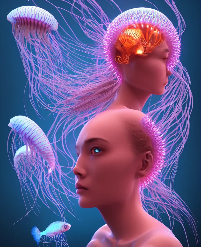 Image similar to goddess close-up portrait. orchid jellyfish phoenix head, nautilus, skull, betta fish, bioluminiscent creatures, intricate artwork by Tooth Wu and wlop and beeple. octane render, trending on artstation, greg rutkowski very coherent symmetrical artwork. cinematic, hyper realism, high detail, octane render, 8k