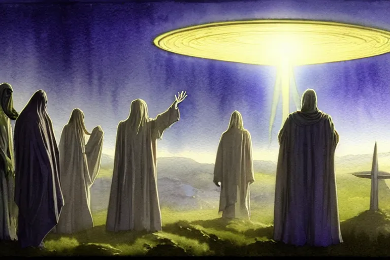 Image similar to a realistic and atmospheric watercolour fantasy character concept art portrait of a group of christians wearing robes greeting an alien that is standing below a ufo. they are emerging from the mist on the moors of ireland at night. a ufo is in the background. by rebecca guay, michael kaluta, charles vess and jean moebius giraud