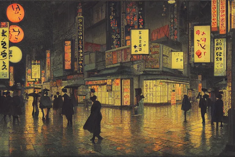 Image similar to painting of the streets of tokyo, at night, lanterns, neon, raining, romantic, by ludwig deutsch and maxfield parrish, patterned tilework, extremely detailed, cinematic lighting, smooth sharp focus