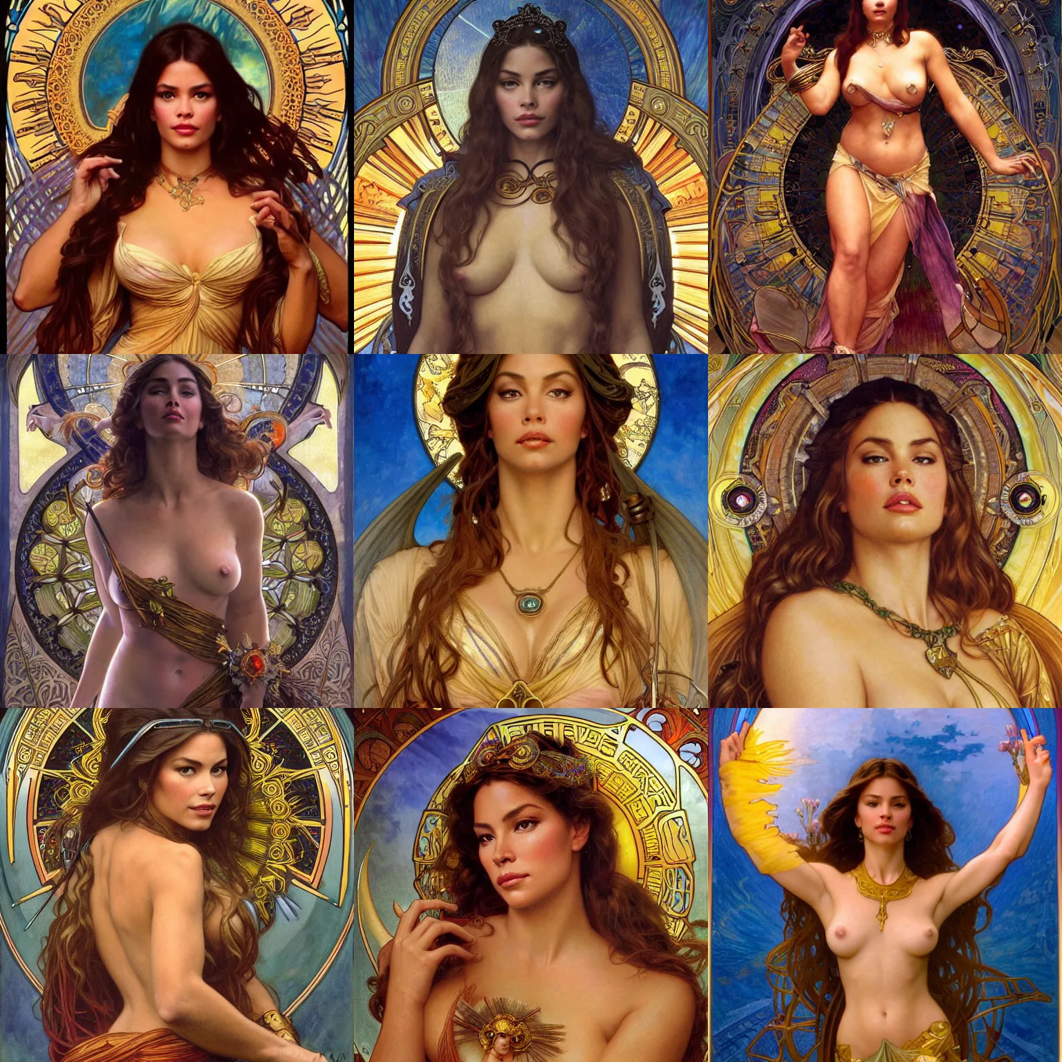 Prompt: stunning, breathtaking, awe-inspiring award-winning concept art nouveau painting of attractive Sofia Vergara as the goddess of the sun, with anxious, piercing eyes, by Alphonse Mucha, Michael Whelan, William Adolphe Bouguereau, John Williams Waterhouse, and Donato Giancola, cyberpunk, extremely moody lighting, 8K
