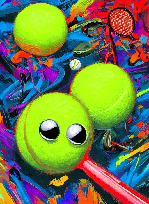 Image similar to tennis ball monsters playing tennis, a tennis ball monster ,tennis ball, colorful, digital art, fantasy, magic, trending on artstation, ultra detailed, professional illustration,chalk, poster artwork by Basil Gogos , clean