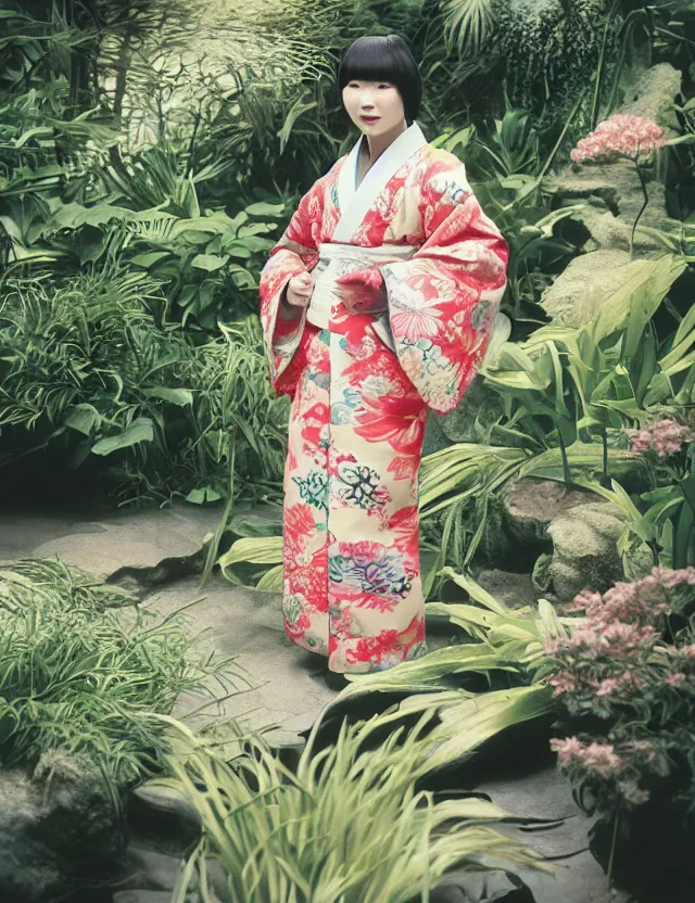 Prompt: fashion photograph of a pretty Japanese woman wearing a traditional kimono in an tropical greenhouse, by Annie Leibowitz, extremely detailed, large format camera, Fuji Provia film, 85mm lens, bokeh blurred background, photorealistic, trending on instagram, trending on artstation