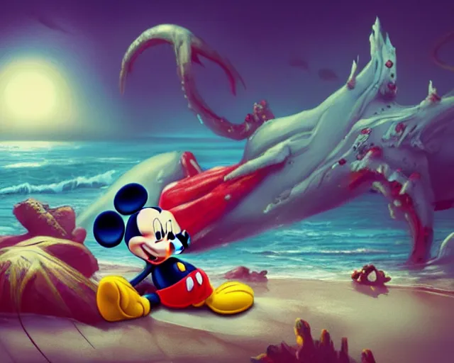 Prompt: Mickey mouse sitting next to terrifying sea creatures on a creepy beach, digital art, in the style of Vitaly Samarin Alexiu, super detailed, artstation