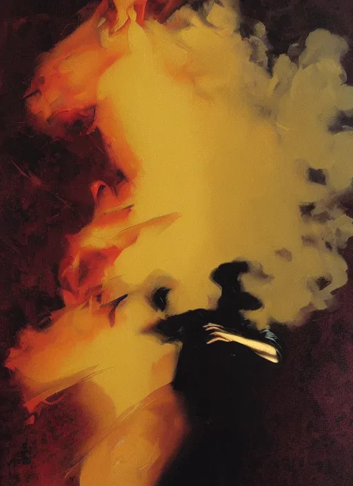 Prompt: pale floating husk in red light, billowing smoke, painting by phil hale, fransico goya,'action lines '!!!, graphic style, visible brushstrokes, motionb blur, blurry, visible paint texture, crisp hd image