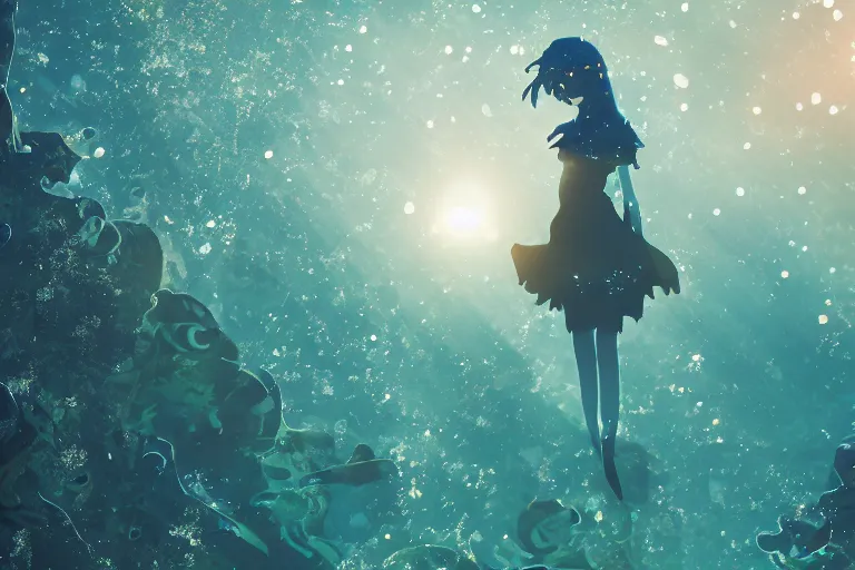 Image similar to double exposure priestess underwater reef sparkling bokeh, in the style of makoto shinkai and leiji matsumoto