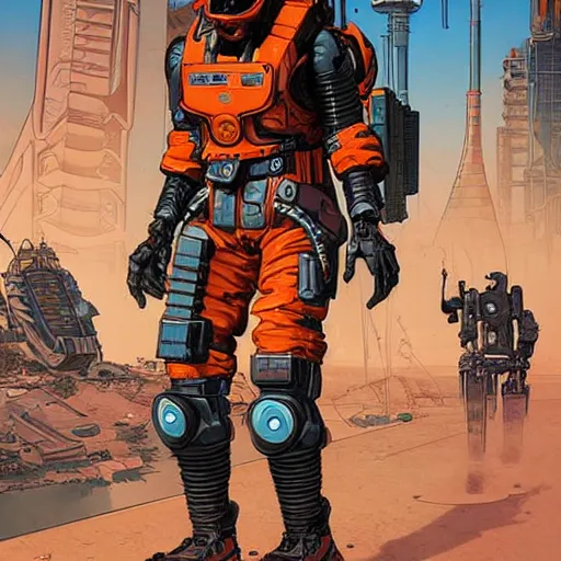 Image similar to cyberpunk mechanic dude with robotic legs. orange and black color scheme. concept art by james gurney and mœbius. apex legends character art