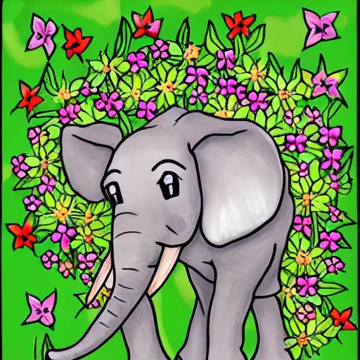 Prompt: Drawing of an elephant in the bush with lots of flowers around, pokemon style