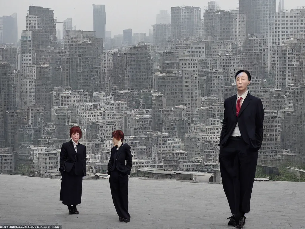 Prompt: ‘The Center of the World’ (Cindy Sherman photograph, wearing a business suit, busy street scene) was filmed in Beijing in April 2013 depicting a white collar office worker. A man in his early thirties – the first single-child-generation in China. Representing a new image of an idealized urban successful booming China.