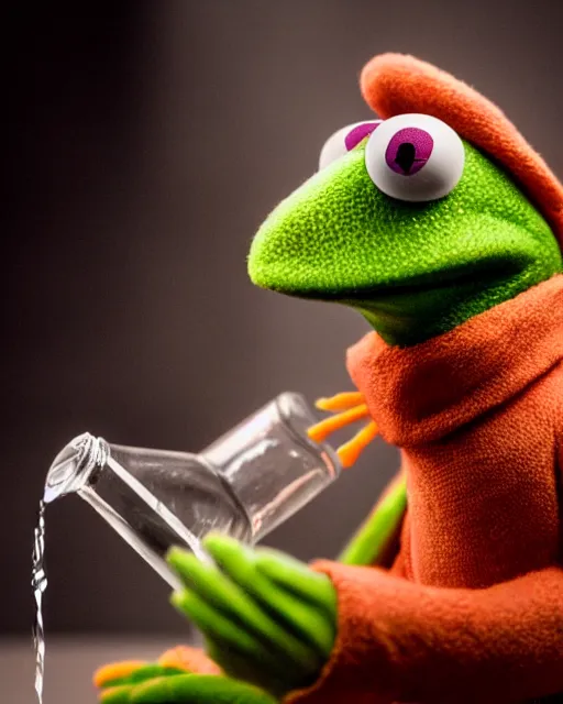 Prompt: A studio portrait of Kermit the Frog drinking vodka from a bottle, highly detailed, bokeh, 90mm, f/1.4