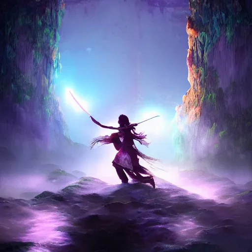 Image similar to Long Shot of Aloy in misty mysterious astral temple jumpin with pistol in river of chromatic SPIRITS , beautiful, dmt, trending on artstation, omnious, soft, artwork by Wong, Liam