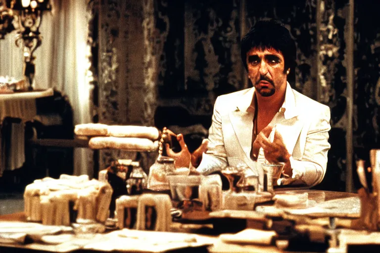 Image similar to tony montana from movie scarface 1 9 8 3 sitting at a table with packages of flour. next to the night window. al pacino. perfect symmetric face, coherent eyes, fine details, 4 k, cinestill, ron cobb