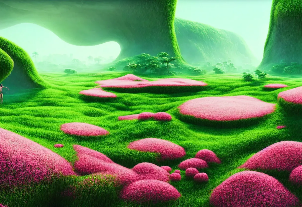 Image similar to inside of alien lush summer green landscape of human mind and imagination with millions of pink flowers, morning fog, matte painting, beautiful render, octane render, concept art