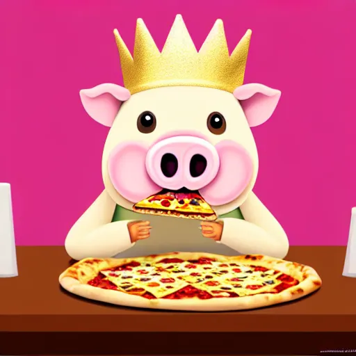 Prompt: realistic photo of a cute plush pig wearing a gold crown eating a pizza at a table with a bib on, high quality, cinematic concept art