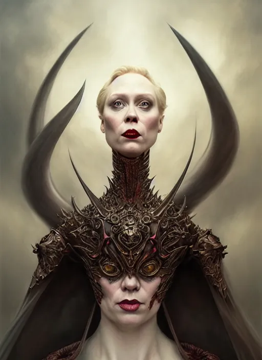 Image similar to gwendoline christie as an devil, aesthetic, fine art, intricate, elegant, highly detailed, realistic hair, centered, digital painting, art station, conceptual art, soft, sharp focus, illustration, artwork, artgerm, tomasz alen kopera, peter mohrbacher, donato giancola, wlop, boris vallejo