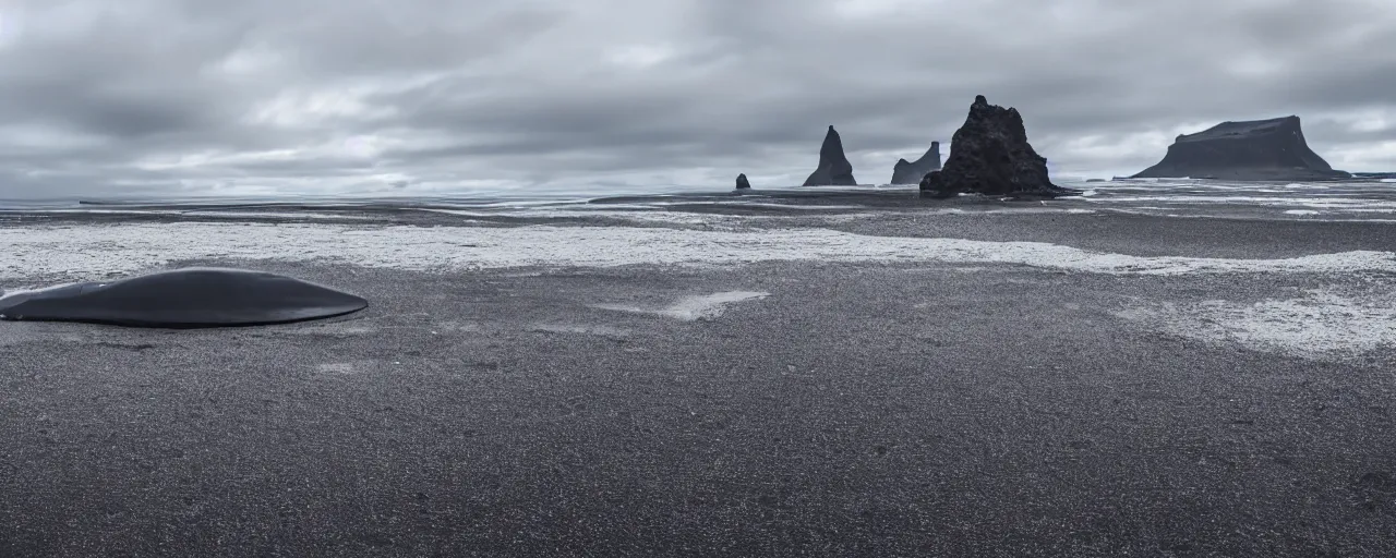 Prompt: low angle cinematic shot of giant futuristic military spacecraft in the middle of an endless black sand beach in iceland with icebergs in the distance,, 2 8 mm