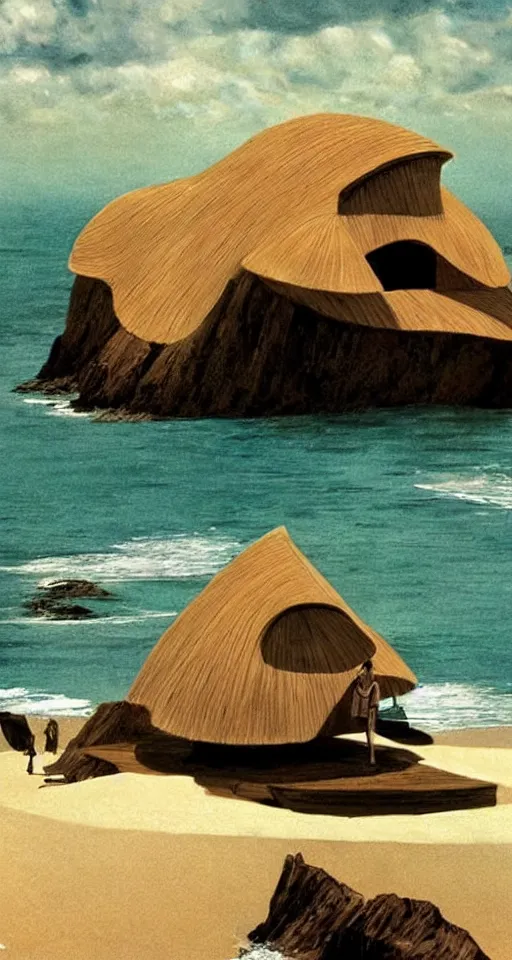 Image similar to seashell house where a hermit girl lives, atmospheric cinematography by syd mead and emmanuel lubezki