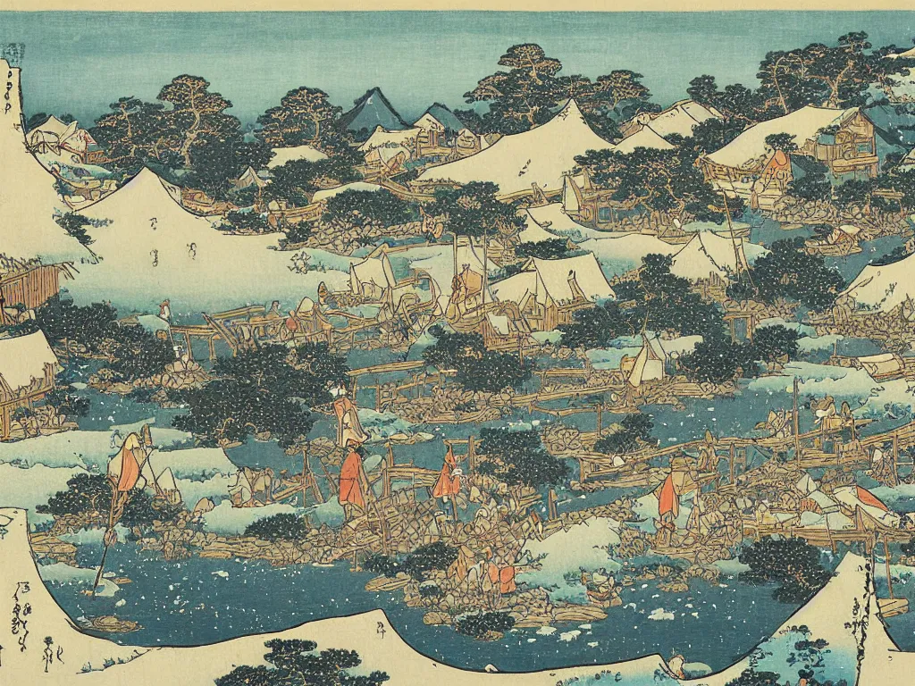 Prompt: traditional painting of an ancient fishing village by hokusai