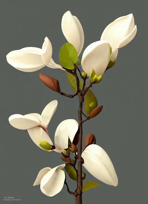 Image similar to an isolated magnolia plant, full view, centered, 3 d render, art nouveau dark outlines, ultra realistic, transparent background, popular on sketchfab, pixelsquid, 8 k, volumetric lighting, super focused, no blur, trending on artstation, octane render, ultra detailed, hyperrealistic, by james gurney, greg rutkowski and alphonse mucha