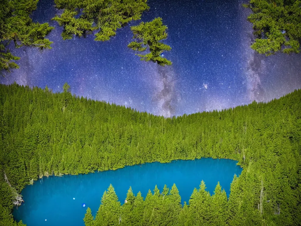 Prompt: nebula above a clear blue lake in the middle of an evergreen forest