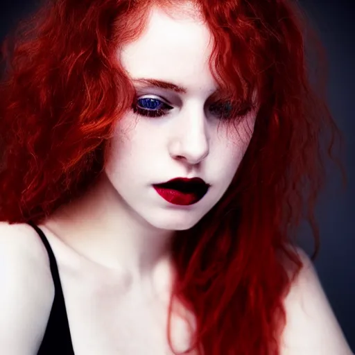 Prompt: beautiful irish lass ( model ) with red wavy hair and piecing eyes, soft flawless pale skin, wearing a black crop top photography dramatic dark lighting, hyperrealistic