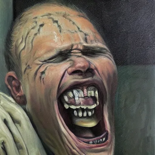 Image similar to a screaming prisoner holding prison bars, realism old painting, oil painting