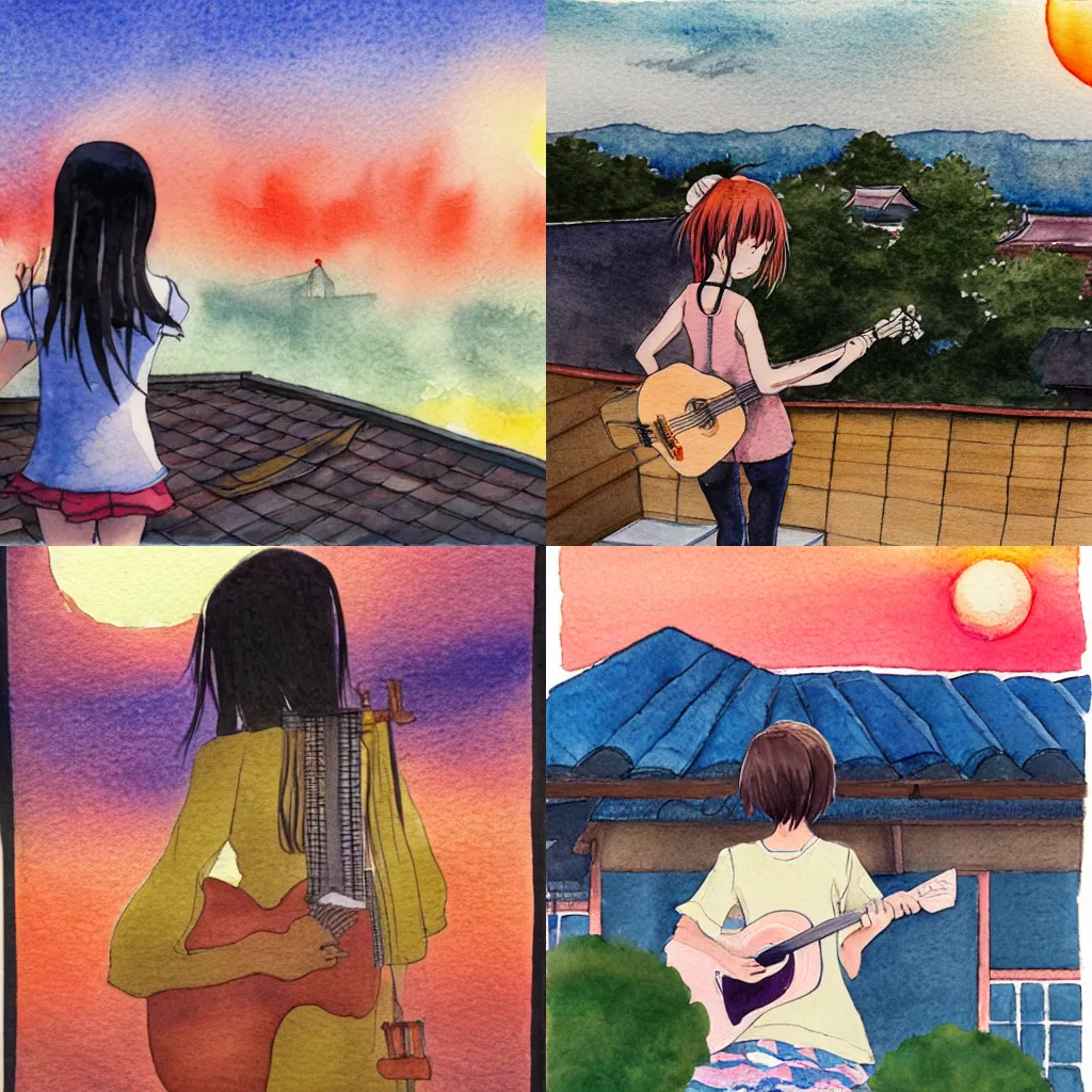 Prompt: anime girl stands on the roof of a japanese house and plays the guitar against the sunset, back view, watercolor