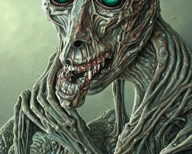 Image similar to Haunting horrifying hyperrealistic detailed painting of a tall slim spider extraterrestrial creature made of concrete stone brick, gelatinous green goop, heavy metal, disgusting, creepy, unsettling, and bloodshot eyeballs, hyper detailed, trending on Artstation