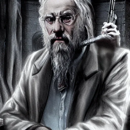 Prompt: Albus Dumbeldore in the mafia using guns photorealistic, 4k