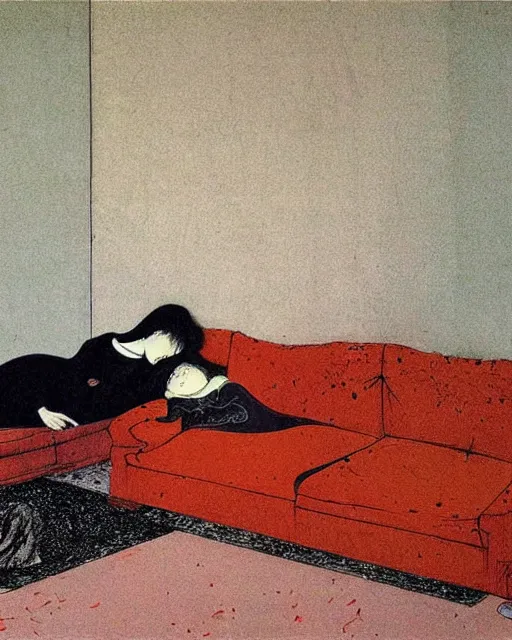 Prompt: an old dead couple sitting on an old couch in an old apartment next to obsidian table, vibrant orange background, Francisco Goya painting, part by Beksiński and Edvard Munch. art by Takato Yamamoto, Francis Bacon masterpiece