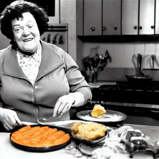 Prompt: Julia Child making Steamed Hams for dinner