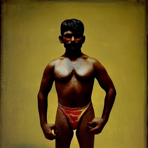 Image similar to color photo, portrait of indian kushti wrestler by richard avedon, realistic, Leica, medium format, cinematic lighting, parallax, high resolution,