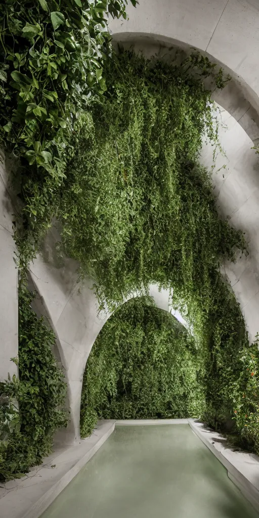 Prompt: photo inside underground arching caverns by andrew kudless. a dark green pool covers the floor. architectural photography. 4 k, 8 k. volumetric lighting. somber, moody lighting. structural arch barrel vaults. ivy and many plants hanging from ceiling, white concrete floor.