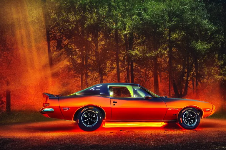 Image similar to pontiac firebird with glowing paint, sunrise, eerie light, fireflies, dog watching the car, dramatic, cinematic, forest, sunbeams, volumetric lighting, wide shot, low angle, lightning storm hitting the car