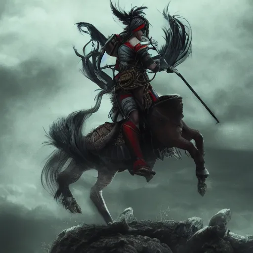 Image similar to legendary female warrior on a flying mount, shallow depth of field, moody lighting, 8 k, concept art,