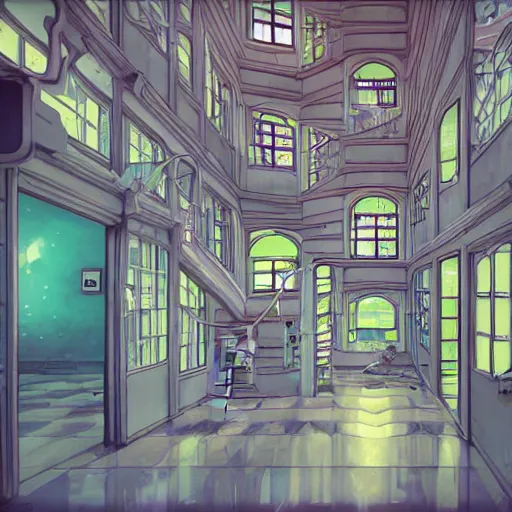 Image similar to an acidic beautiful slimegirl woman in a bright white hallway with many doors and many stairs, Mc Escher architecture, epic composition, by Makoto Shinkai