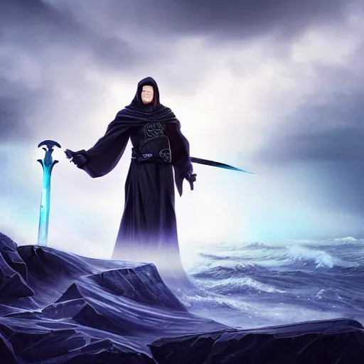 Image similar to A powerful handsome broad shouldered necromancer in black robes with blue eyes holding an exquisite sword standing at a distance. He gazes by the stormy sea and oozes extreme power and magic. Whole scene is powerful and magical and stunning to watch. Aesthetic!!!!!!, Unreal engine, 8k, trending on artstation, sharp focus, highly detailed, concept art, ultra HD, intricate, elegant, bright colors oil on canvas, by Ilya Repin